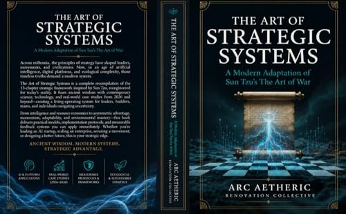 Pale cover with a circular geometric figure. Title: The Art of Strategic Systems. Subtitle: A Modern Adaptation of Sun Tzu’s The Art of War. Author: Aetheric Renovation Collective.