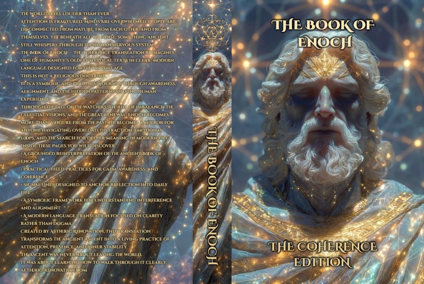 Dark cosmic cover with a large gold geometric circle. Title: The Book of Enoch. Subtitle: The Coherence Edition. Author: Aetheric Renovation Collective.
