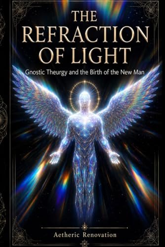 Pale portrait cover with a circular prismatic geometric diagram. Title: The Refraction of Light. Subtitle: How the Universe Speaks in Colour, Form and Frequency. Author: Aetheric Renovation Collective.