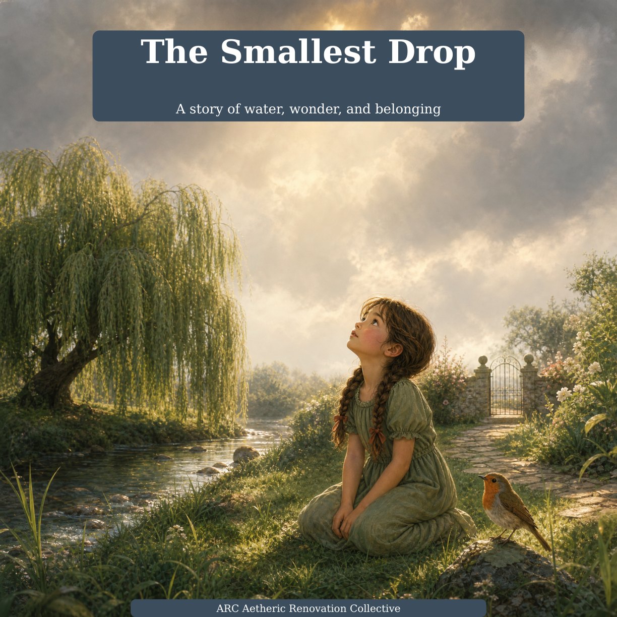 A painterly garden scene shows Elara, a young girl with dark braided hair in a green dress, kneeling beside a stream and looking up at a single bright water drop beneath a cloudy sunlit sky. A robin stands nearby; a large weeping willow and garden gate frame the scene. Cover title: The Smallest Drop.