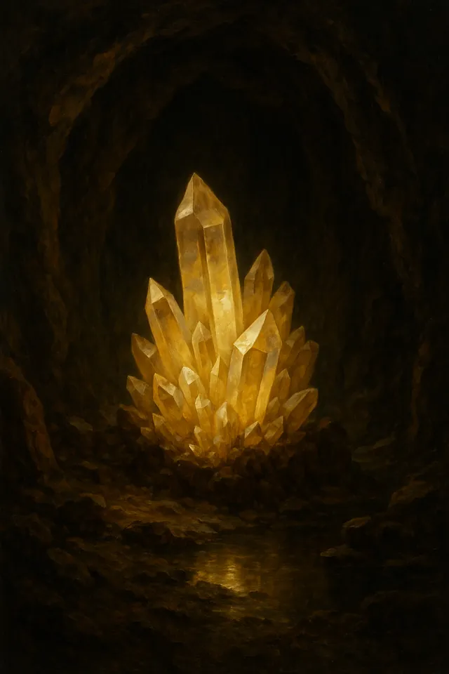 A natural crystal cluster in low museum light