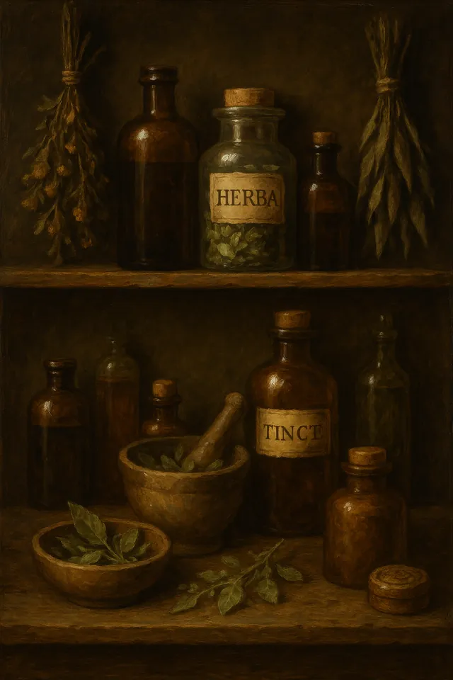 A warm wooden apothecary shelf holding jars, dried herbs and quiet domestic order
