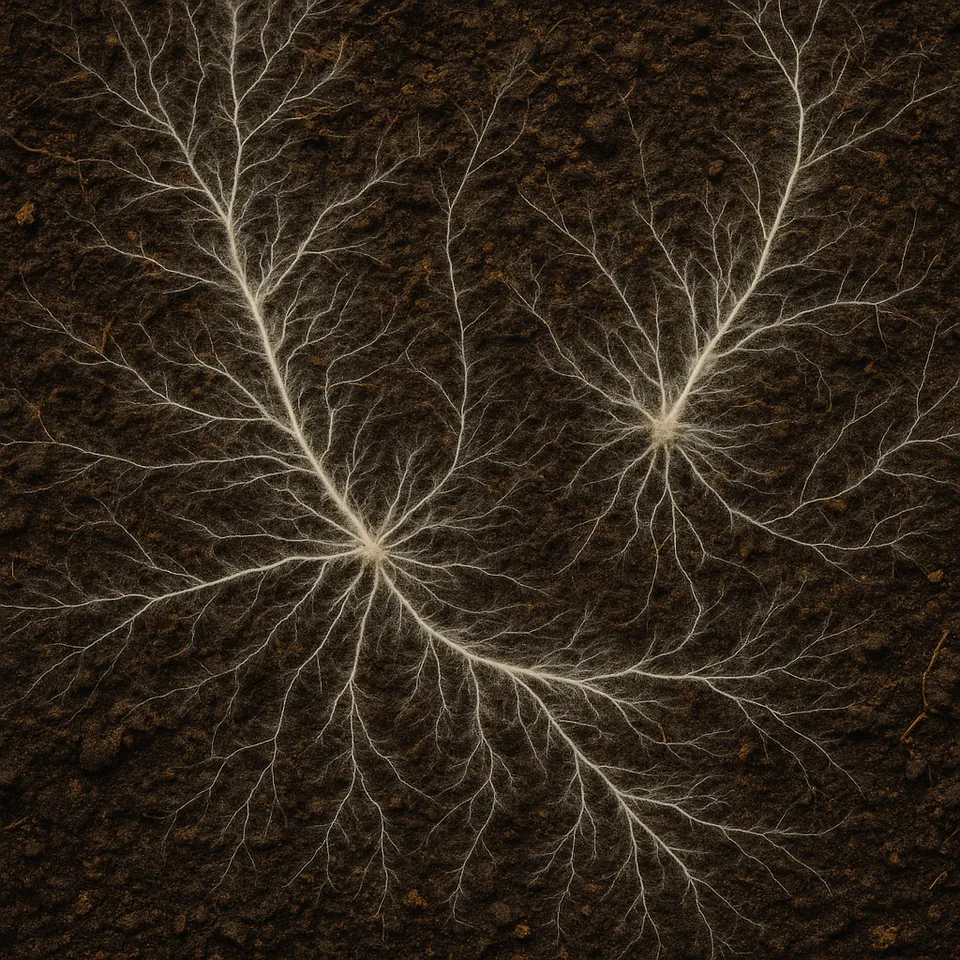A close natural view of a mycelial network in woodland soil